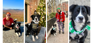 Paula and her dog Orion hiking, exploring outdoors, and celebrating together — Golden Dog Adventure Duo of the Month featuring a black and white adventure dog in New Hampshire.